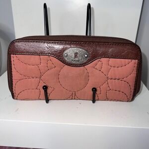 VTG Fossil Key-Per Floral Wallet Brown Leather Zip Around Clutch Organizer Purse